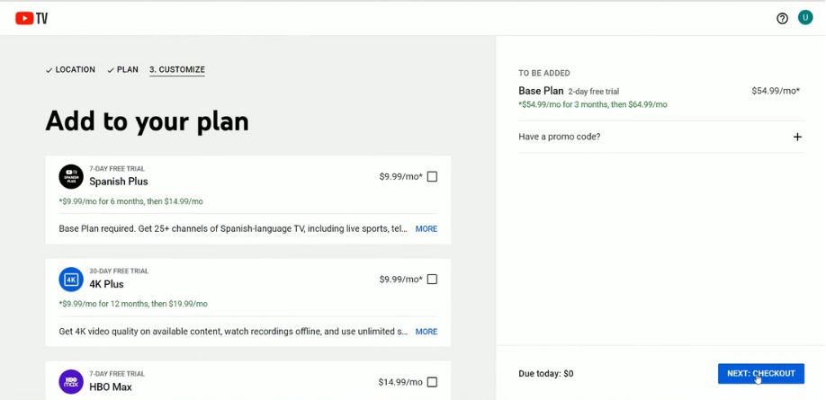 Step 5 - Select your base plan and add promo code if any then click on next and then checkout button